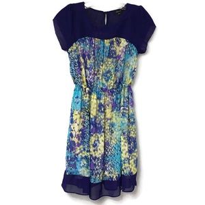 Soprano Blue Yellow Lightweight Floral Cap Sleeve Chiffon Dress Size XS